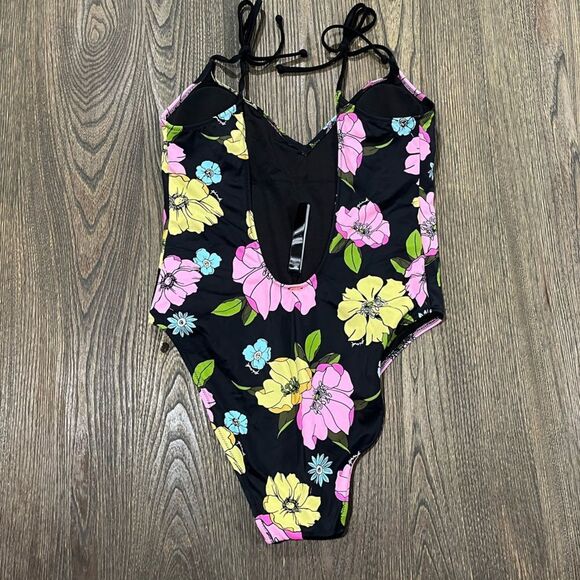 NWOT PINK Victoria's Secret One Piece Swimsuit Floral V-Neck Black Multi Medium - Picture 5 of 5